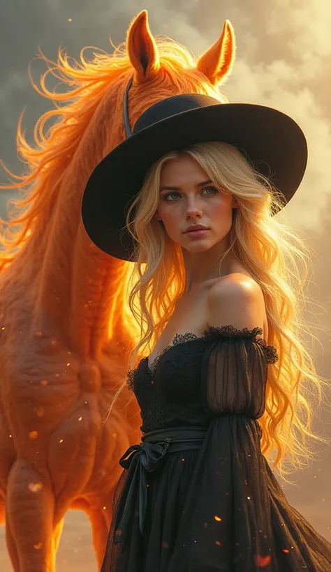 Sarah and the Fire Horse, beautiful blonde woman ,Blonde wears a black hat