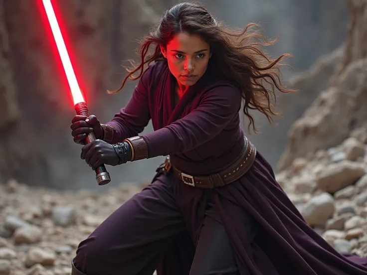 woman, brown skin, long and frizzy loose hair, leather black clothing, holding a red lightsaber, The character is in a low and firm combat position, with one leg bent forward and the other extended backwards, ensuring balance and mobility.She holds a red l...