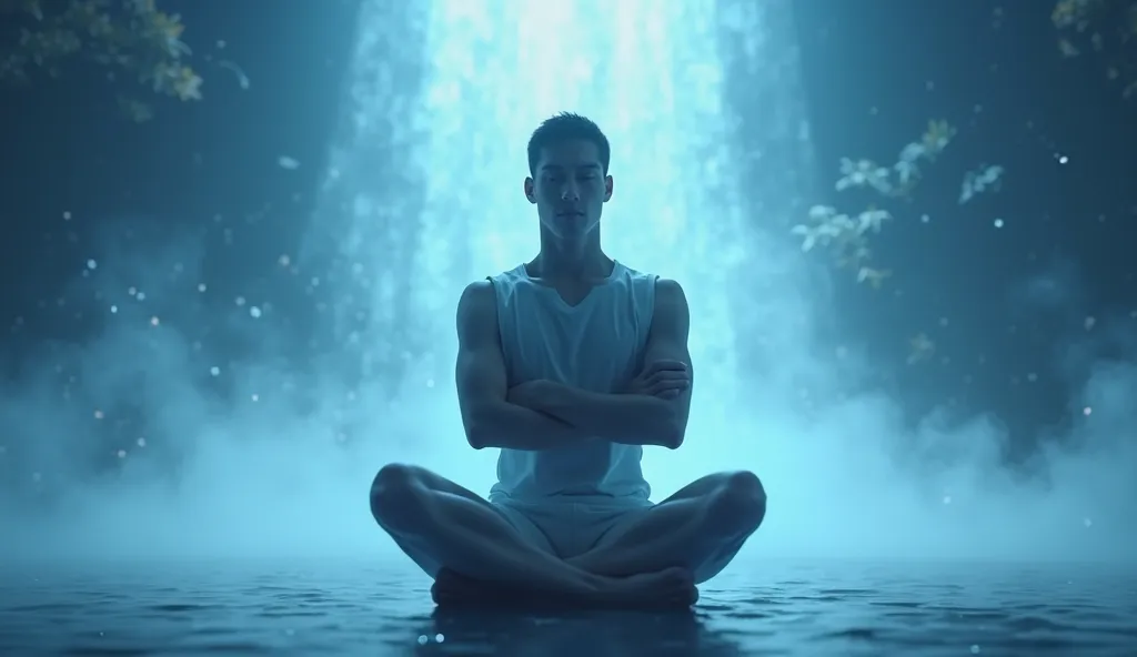 A person, now calm and composed, possibly meditating or with arms crossed confidently. A cool blue aura surrounds them, with a peaceful, focused background representing clarity and control.