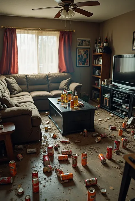 a messy living room with beer bottles and cans on the ground. There is a worn down couch with a black rectangular coffee table in front of the couch and a broken bookshelf to the side. There is a TV stand against the wall in front of the couch with a TV on...