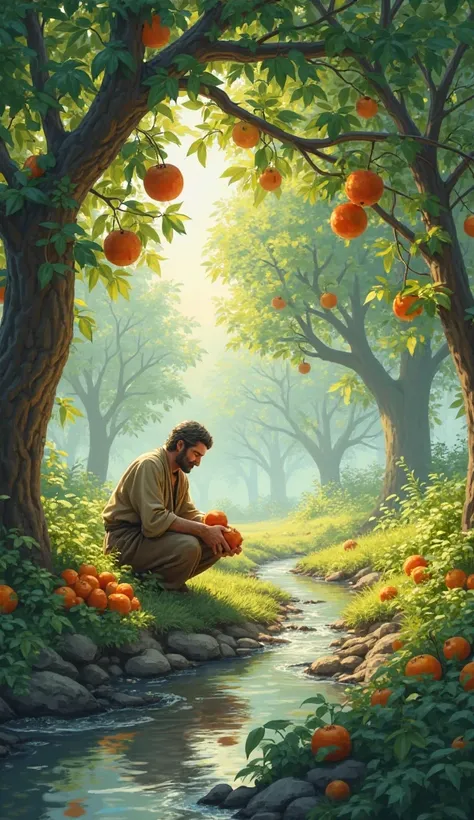 A description: The man collects the fruits from the trees and drinks from a small stream of water in the middle of the trees.

