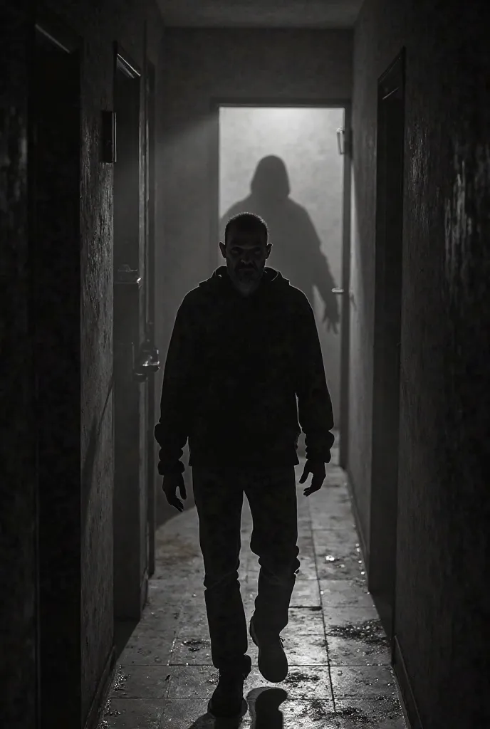 A man leading to the kitchen corridor and behind the man a terrifying shadow from another world watching him ....image of Horror and Suspense in black and white 