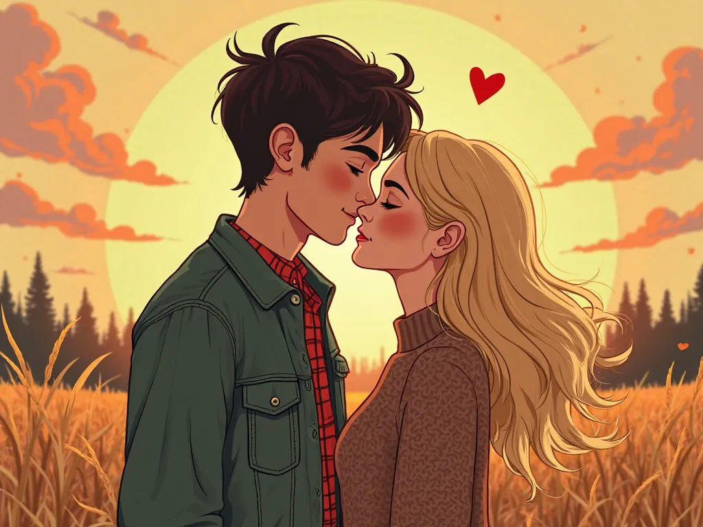 "A digital illustration in a semi-realistic style with cartoon influences, inspired by young adult (YA) book covers. The image features a romantic and warm moment between a young couple at sunset. The young man has dark, tousled hair, a strong jawline, and...