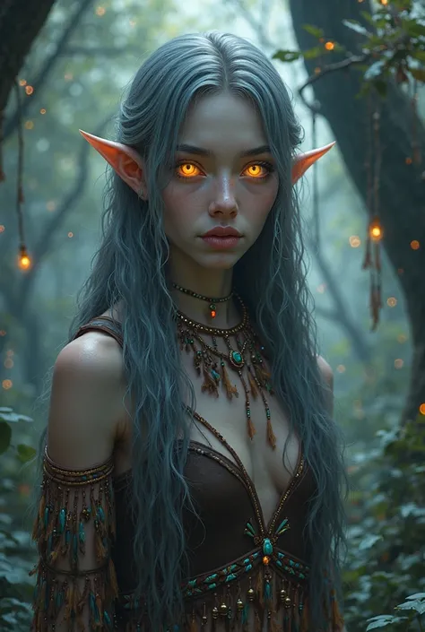 A young woman with pale gray color skin, glowing amber-colored eyes that seem to reflect their own light.  pale gray color skin, Her long hair is dark silver with soft streaks of light blue that contrast with the rest of her locks. She is tall and slender,...