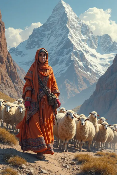 A woman in Yemeni dress leads a flock of sheep in a tall mountain