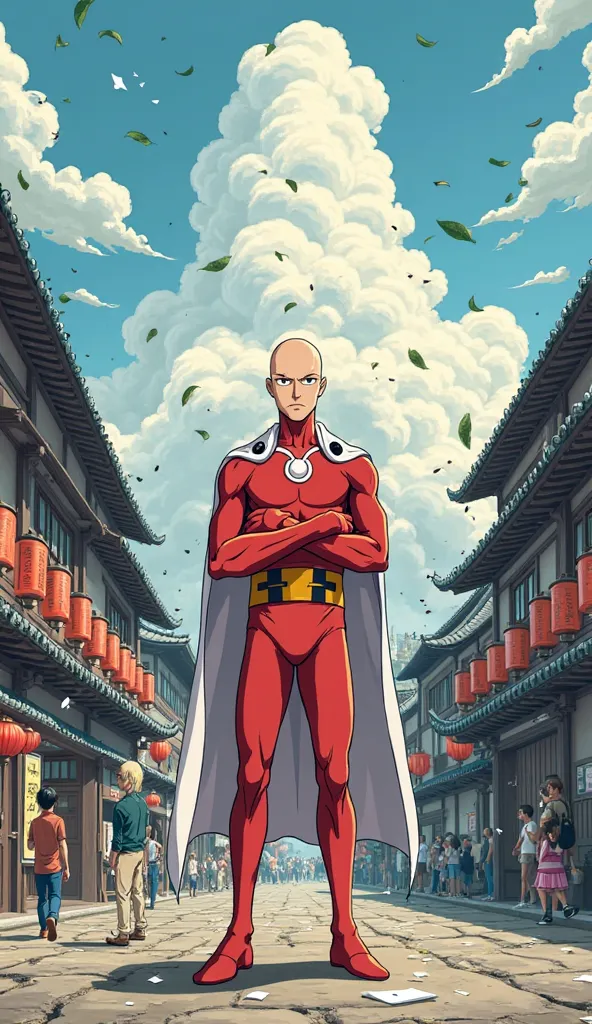 "Create an illustration of Saitama, de One Punch Man, standing in the center of a traditional Japanese city, with his hands on his waist and a facial expression of boredom and indifference, his characteristic. He is wearing his iconic hero costume, with th...