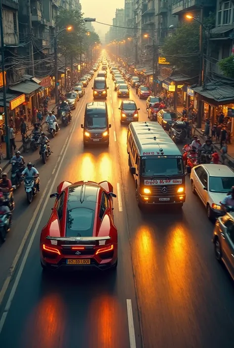 Bangladesh police van following a super car ina busy road faster and car got crush and its recorded from helicopter yellow lights 