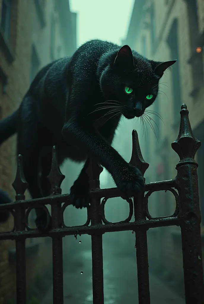 Green-eyed black cat climbing the gate


