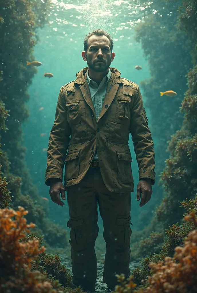 DavyJonesLockerStyle, guy dressed in a suit made entirely from corrugated cardboard, detailed portrait, man standing in a surreal underwater environment, seaweed and fish swimming around him, sunlight filtering through the water, reflections on the surface...