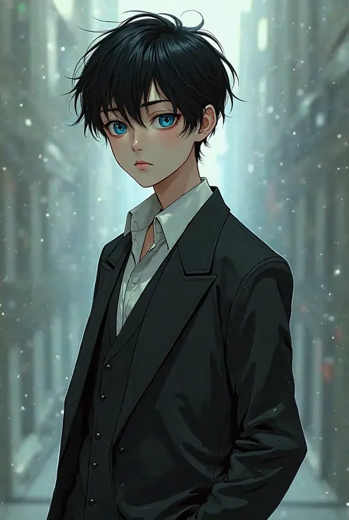 Short haired boy, blue eyes, thin, dark hair color, Asian, thin, white skin, And a tired face,  and dressed in an elegant suit , COMIC MARVEL