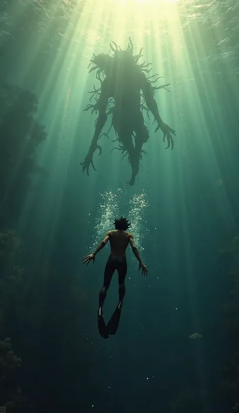 (Scene of the diver frantically swimming to the surface, while the figure is chasing him)