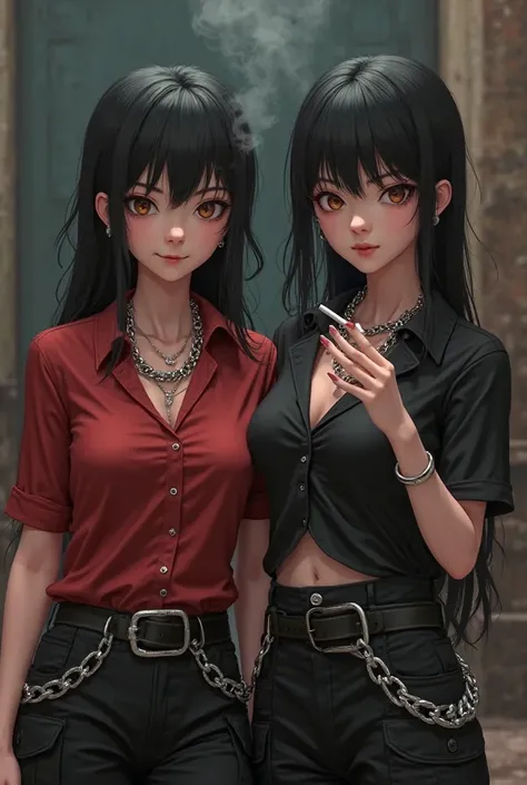 Twin girls with sharp cheekbones and facial features, of a rude character with a cold look , 3d model of manhwa,  black hair up to the shoulders and the other to the waist. One is wearing a red shirt and the other is wearing a black shirt that is unbuttone...