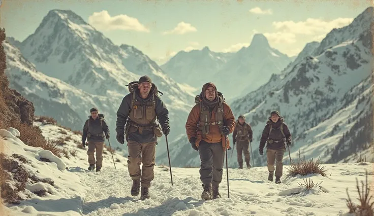 Vintage photo of hikers with backpacks and snowy mountains