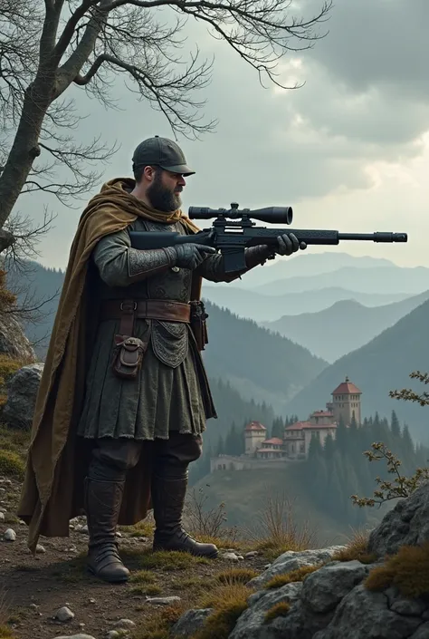 Draw me a man with a sniper in his hand in the middle ages