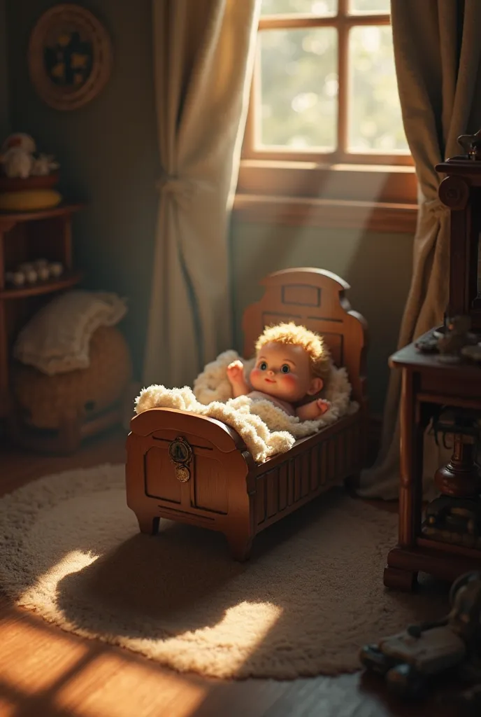 A room with dimmed light, in which there is a cradle with a toy inside.