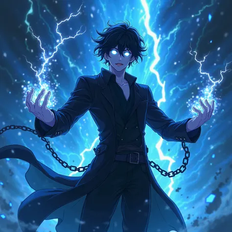 anime man He shakes his hands, in the reflection of the thin one and the body is fully black only eyes are glowing with white effects and blue background with lots of Lightning neon effects and black chain flying besides her far distance view And her hairs...