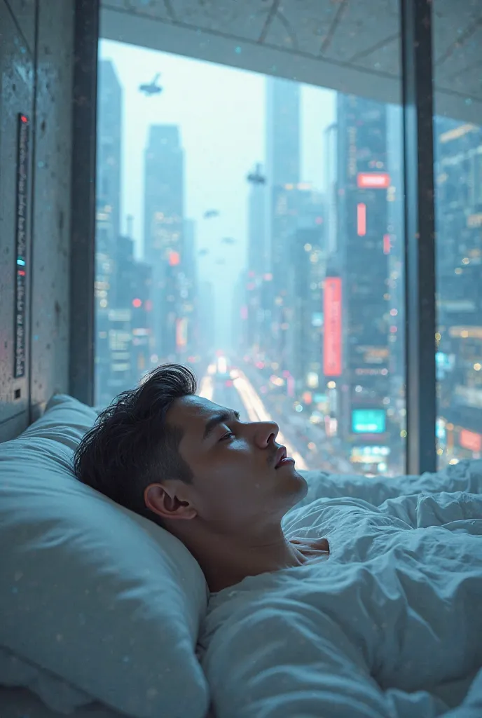 a man waking up in a futuristic city with a POV point of view