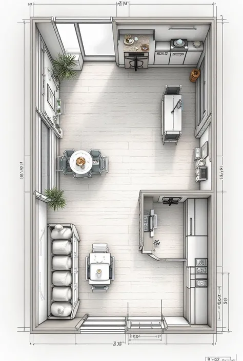 I want you to create an architectural plan for me that has the detailed layout of a kitchen that is adjacent to the dining room and that the dining room has a connection with the social bathroom
