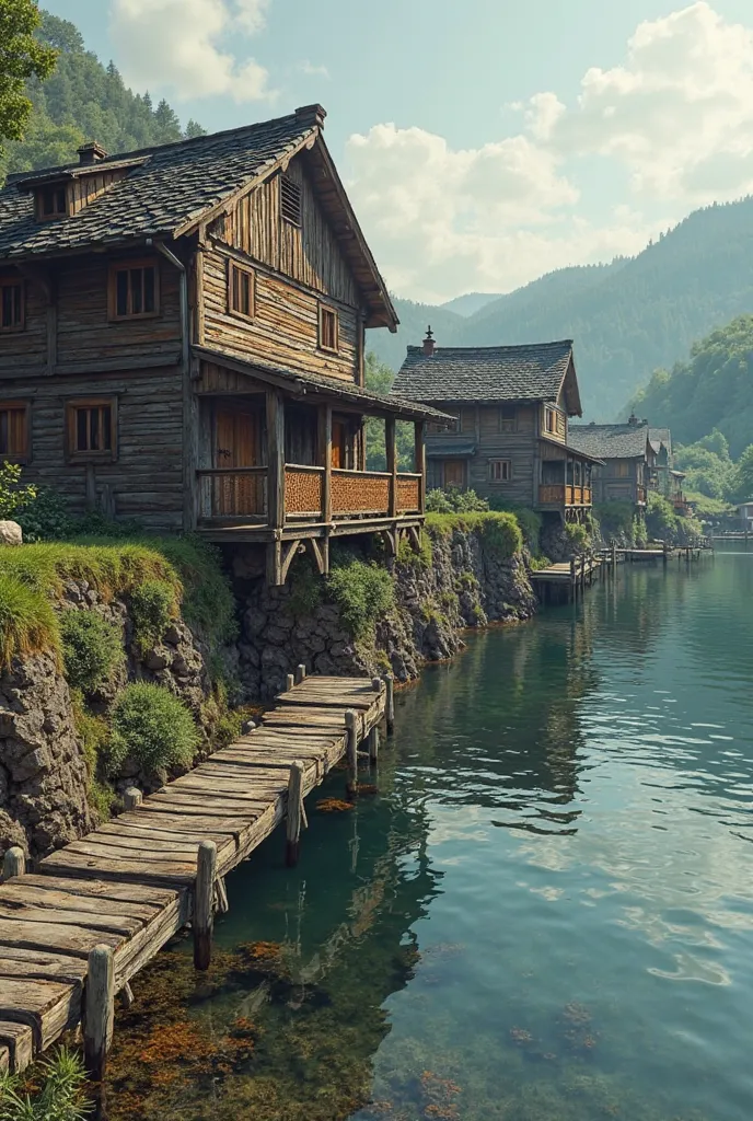 Dam with surrounding wooden houses, next to a pier on a river