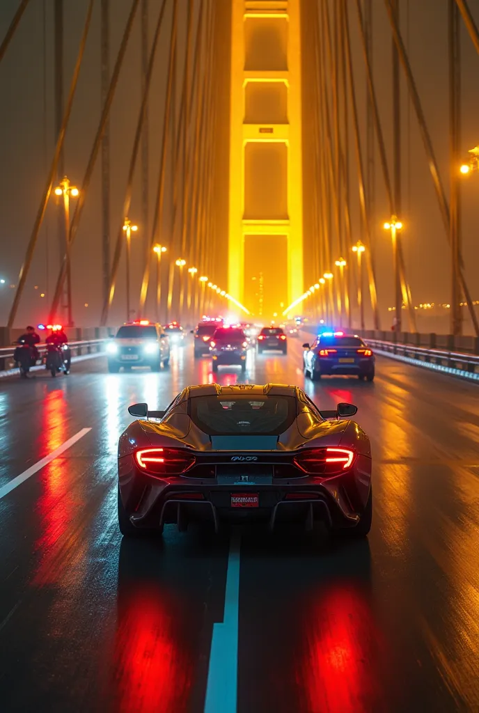 Bangladesh police cars with emergency lights following a super car in padma bridge at night with yellow light and itshoot from sky