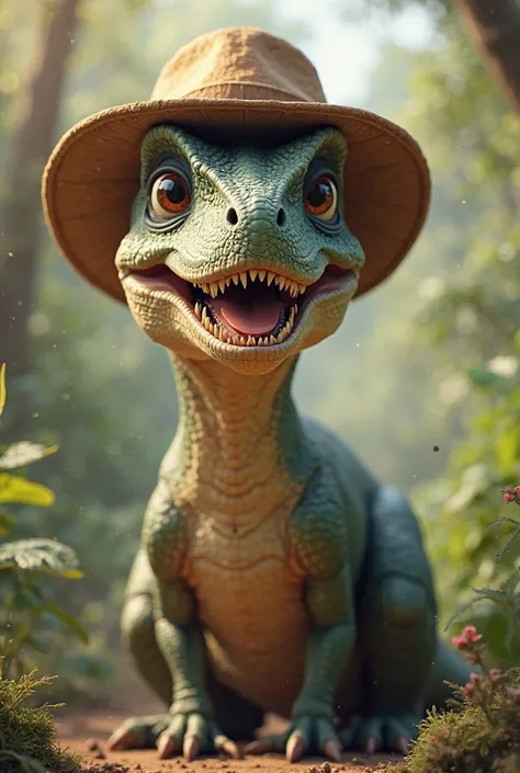 Realistic dinosaur smiling, with hat