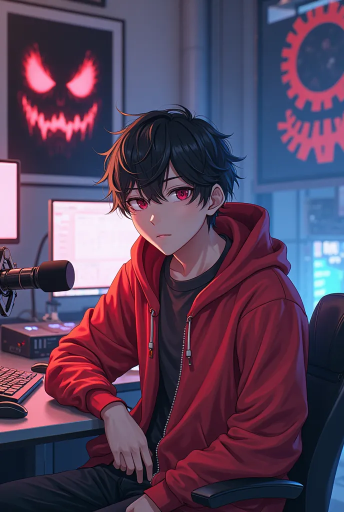 Create a anime boy who have a  mature looking like a man facing in front  he is a  YouTube content creator, sitting in his studio with futuristic gadgets, and there is mic near him ,wearing red hoodie, ( Rj Hridoy Vhutdotcom) smiling, and there is 2 poster...