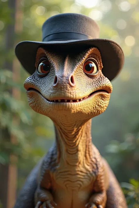 Realistic dinosaur smiling, with black hat