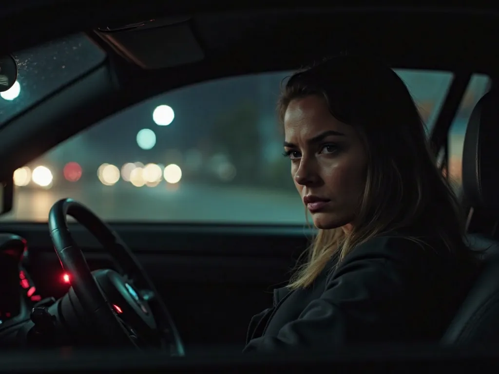 Driver Man looking back with a serious and enigmatic look. The interior of the car is dimly lit by the dashboard and external street lights, casting long shadows and increasing the suspenseful atmosphere.  Focus on the woman's fearful expression, High deta...