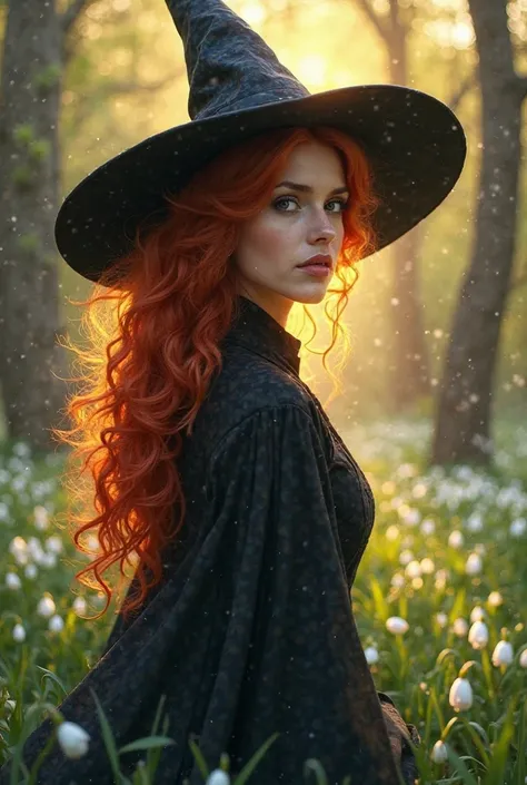 Beautiful witch
Red curly hair up to the shoulders
Witch's black hat on her head
Spring
The sun
woodland
Snowdrops