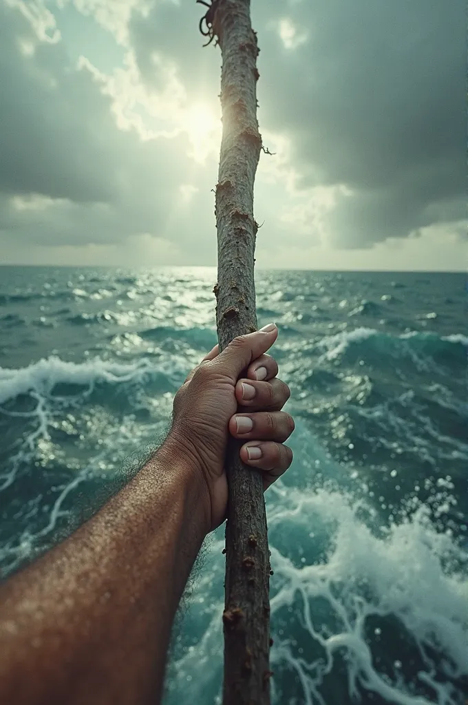 First person view. Point of view. My hands. Ultra-realistic point of view (POV) image, capturing the first-person perspective of Moses raising his staff towards the Red Sea. Strong winds begin to whip around him, churning the water. The scene should evoke ...