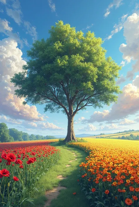 A tree near a sea. The tree is placed in a green field between a poppy field and a sunflower field. Make the sky blue with white and oraange and purple clouds