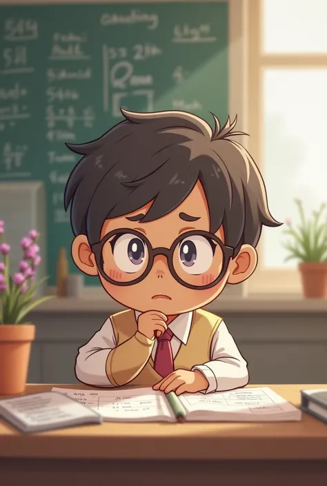 Tender cartoon, Chibbi type of anime about a math teacher, brown skin color,  short of stature , with glasses and with a frown, with little hair