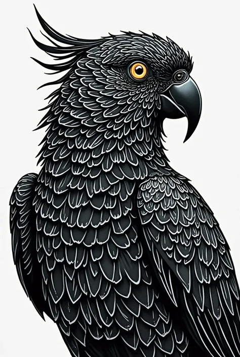 Picture of a black parrot with fine lines and white for coloring book 