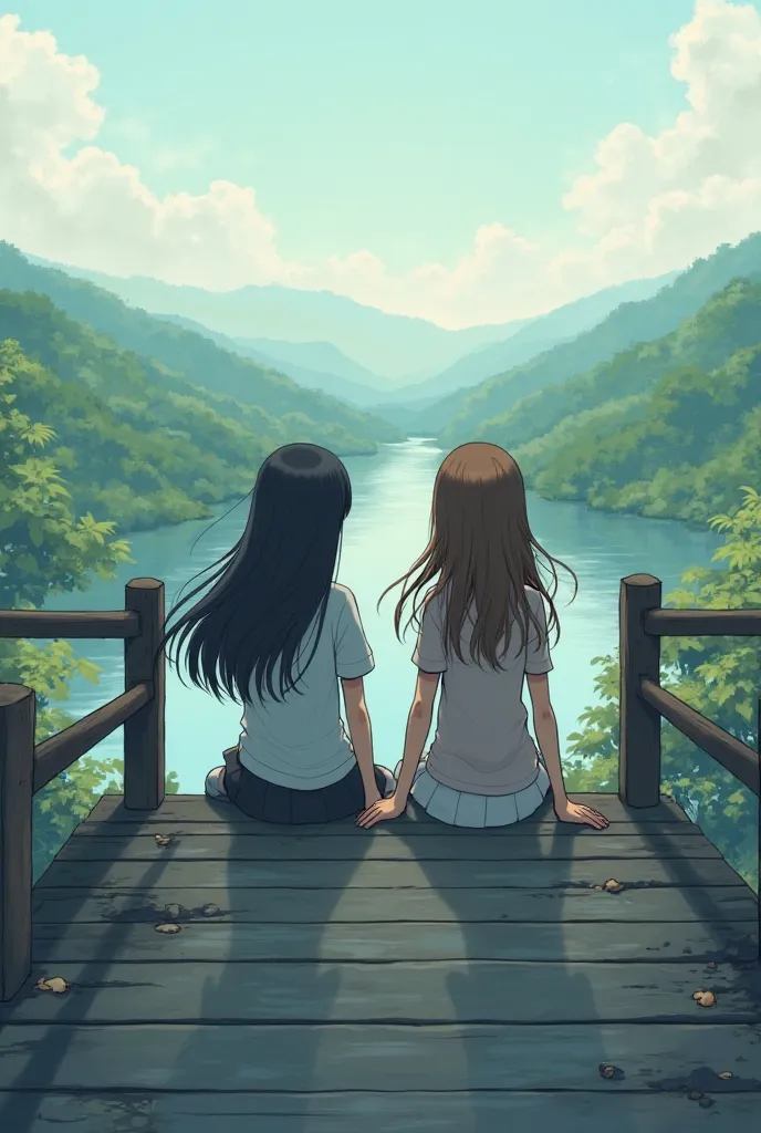 Create a picture of two anime girls sitting on a bridge railing you can only see the two girls from behind one girl has long black hair and the other girl has long brown hair 