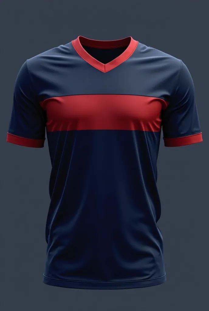 "Create a minimalist team jersey, with black background and blue details. The shirt has a wide horizontal stripe in red on the chest, red 'V-neck and red cuffs.  Clean and Modern Design , flat 2D style, Bottomless, High resolution."