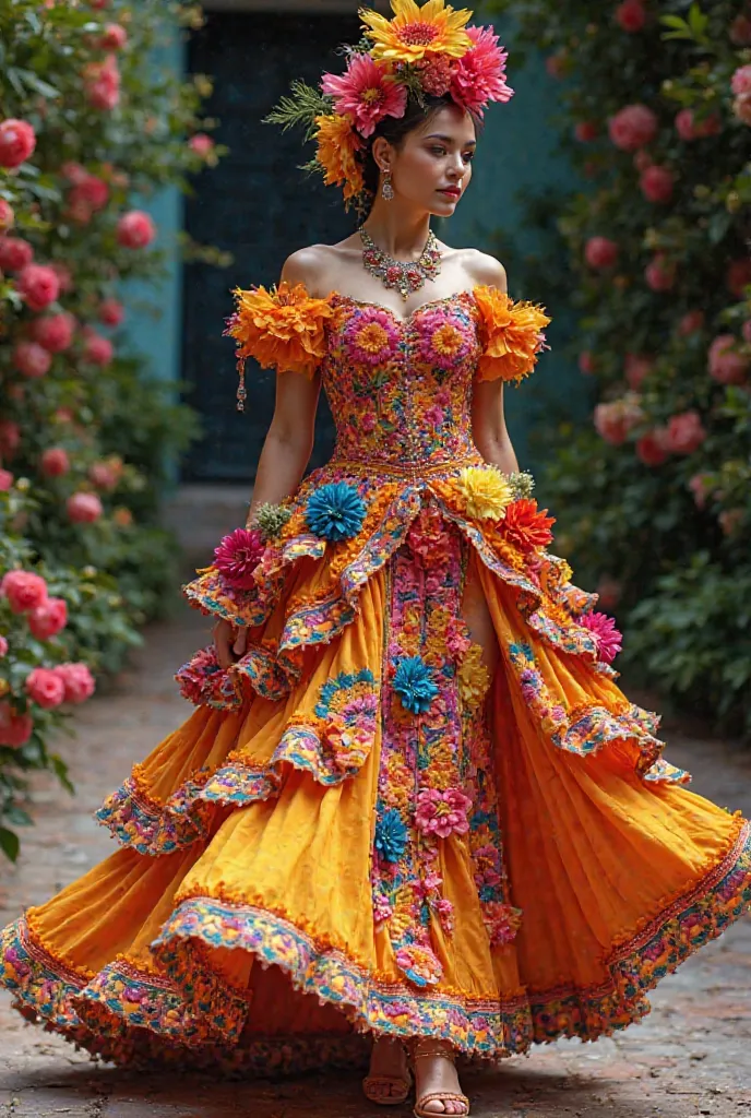 Make me a Colombian cumbia dress with flowers that is for a fashion show 