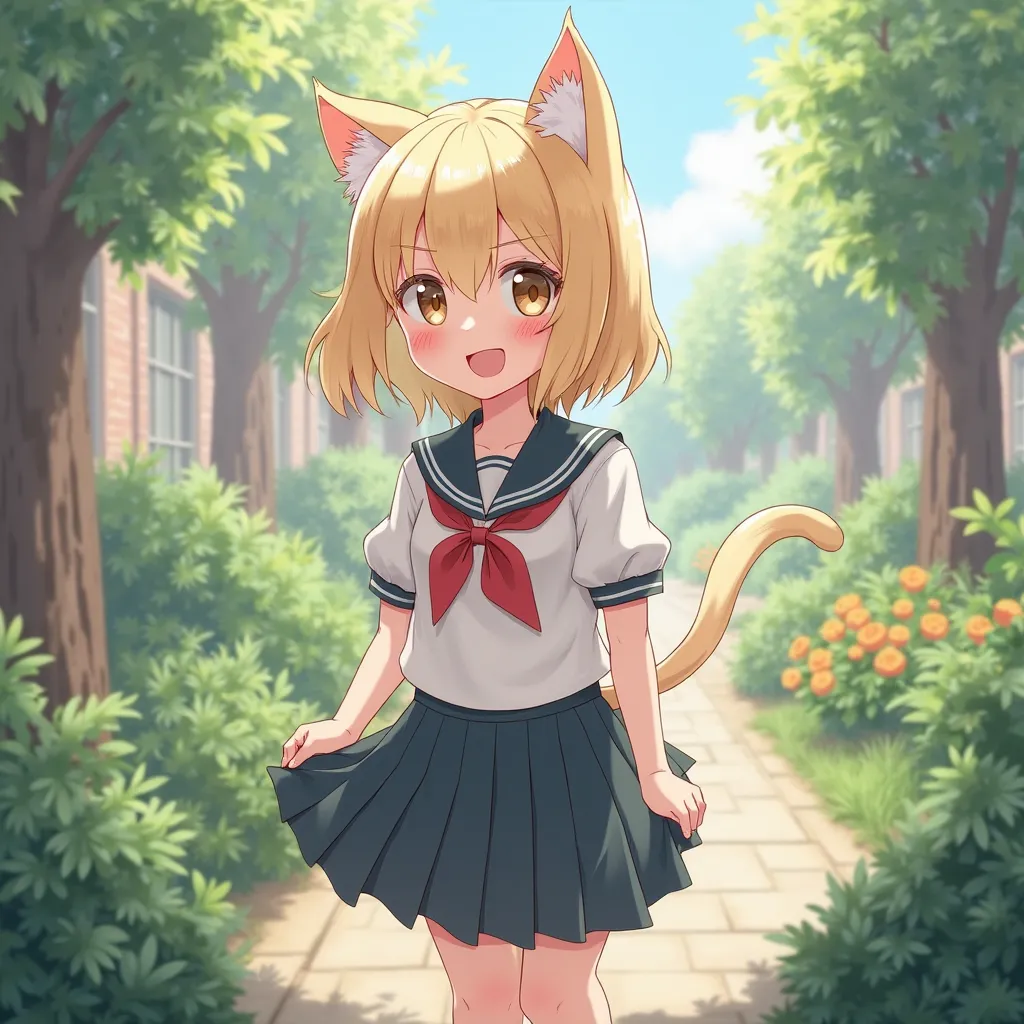 A blond girl receiving, garden wearing a school uniform, at school, kitten ears and a blushed face with a smile, View from under the skirt