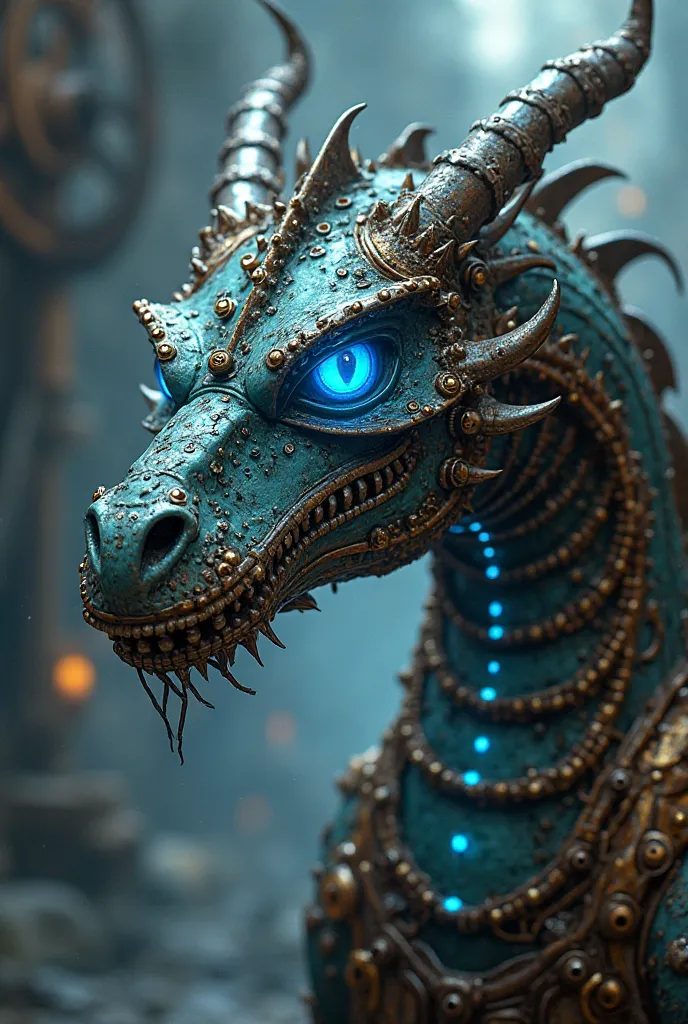 Imaginez un dragon dans un style steampunk, illustré avec des détails mécaniques et industriels typiques de ce genre. Le corps du dragon est recouvert de plaques de métal et de tuyaux entremêlés, évoquant une machinerie complexe. Ses yeux brillent d'un ble...