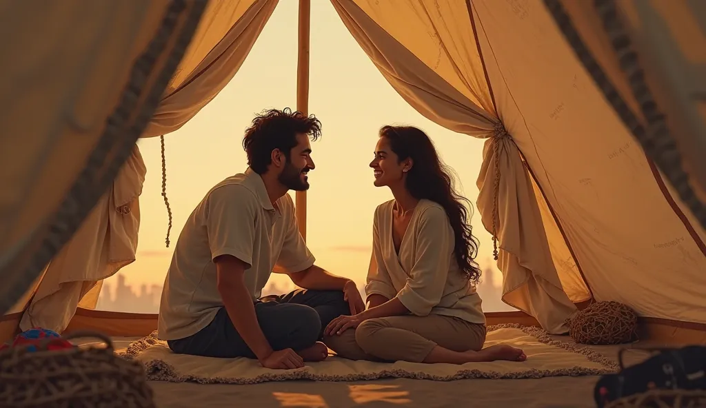 Abrão is with Sarah his wife in a tent chatting happily