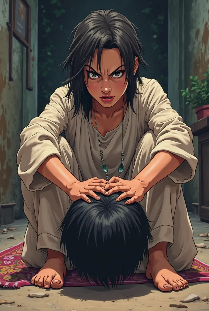 A twenty-year-old Arab angry mother sits on a ager with the ager's head under her feet and closes her feet Anime