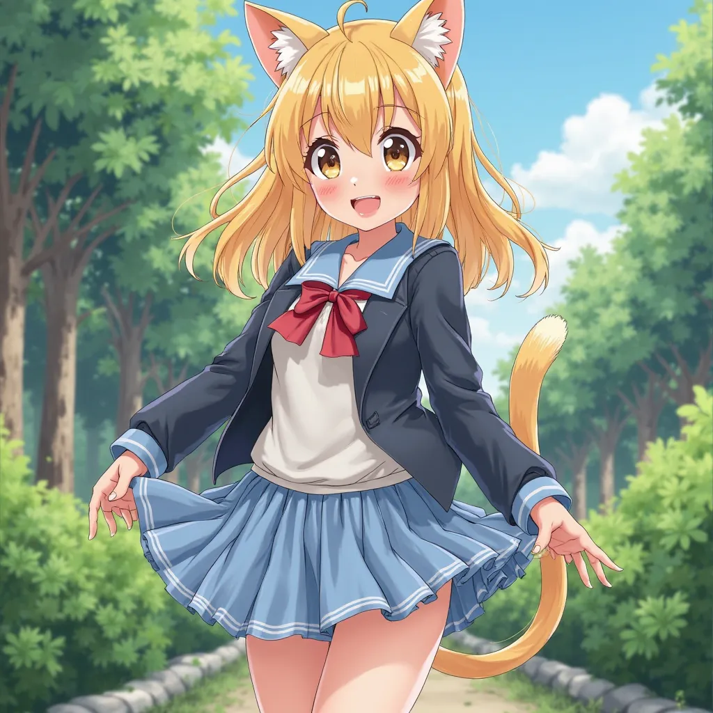 a blond girl, garden wearing a school uniform, at school, kitten ears and a blushed face with a smile, on your back and with your skirt raised, underwear in plain view, light blue striped panties 