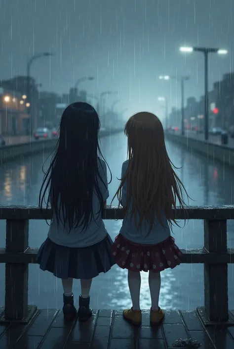 Create a picture of two anime girls sitting on a bridge railing you can only see the two girls from behind one girl has long black hair and the other girl has long brown hair. The atmosphere is said to be a bit gloomy and it rains a bit