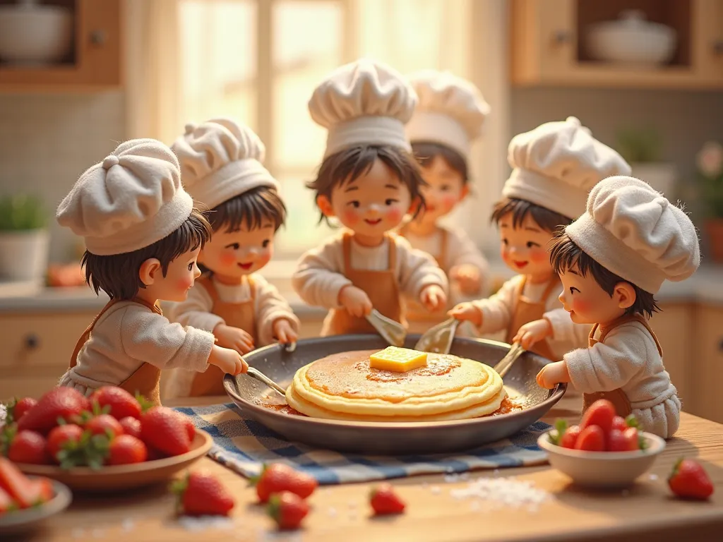 little people are making giant pancakes in the kitchen。about 10 little people working together to prepare、A scene where the dough is mixed and、pouring the dough into a large frying pan、toppings。the pancakes are fluffy and golden, and、syrup and strawberries...