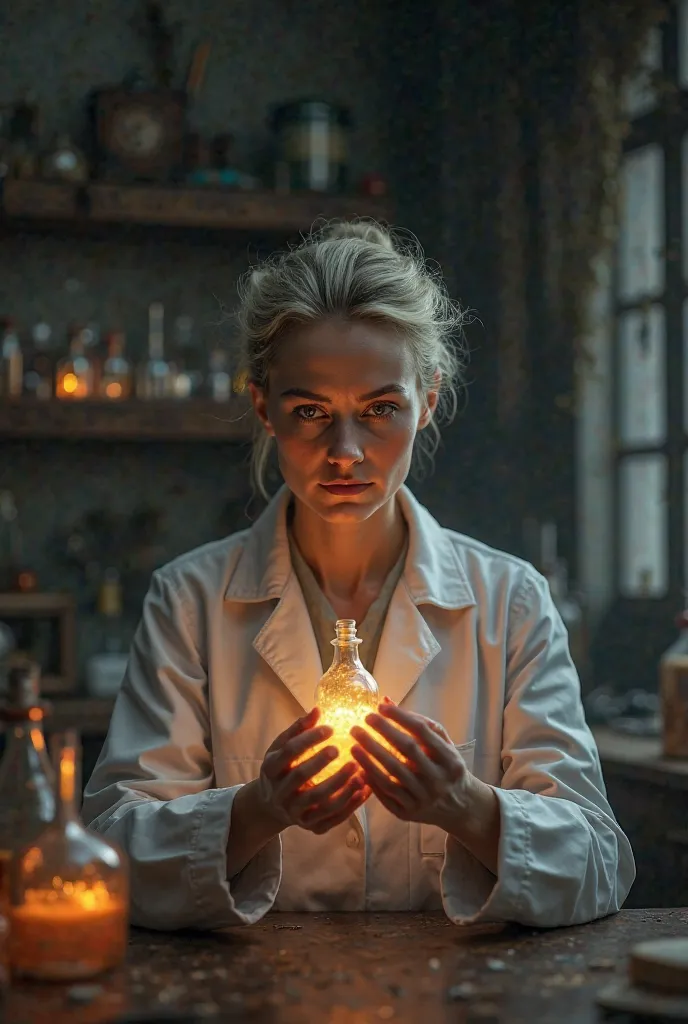 Marie Curie is in a laboratory, holding a vial with radioactive material.  
