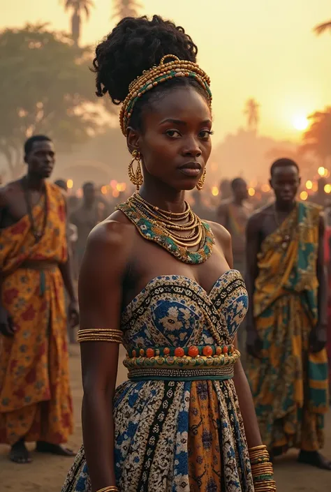 A 30-year-old African woman named Esther, standing tall with confidence and grace. She has smooth dark skin, high cheekbones, full lips, and expressive eyes that radiate both determination and compassion. Her elaborate hairstyle is adorned with ornate gold...