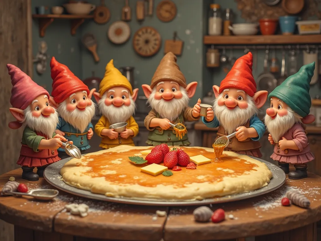 A group of tiny dwarfs working together to make a giant pancake in a kitchen. About 10 dwarfs mixing batter, pouring it into a huge frying pan, and preparing toppings. The pancake is fluffy and golden, topped with syrup, strawberries, and butter. The dwarf...