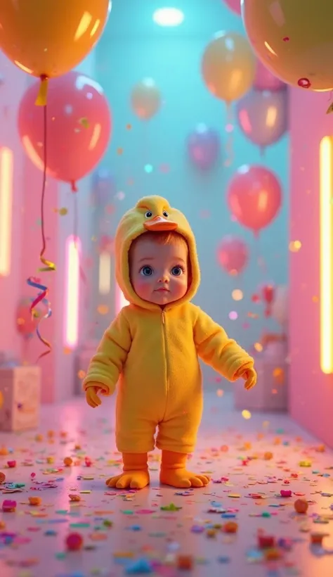 A baby girl wearing a yellow duck costume, He is standing in a place with several balloons, neon lights and confetti on the floor."Realistic image"