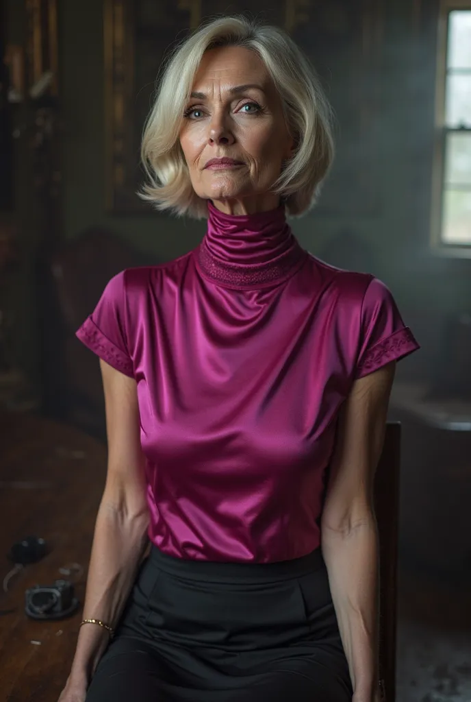 A beautiful woman at the age of fifty and with an extremely long neck. She wears a short-sleeved fuchsia turtleneck made of satin and lace., of a color that highlights her figure. The collar of the garment is high and tight, remaining completely attached t...