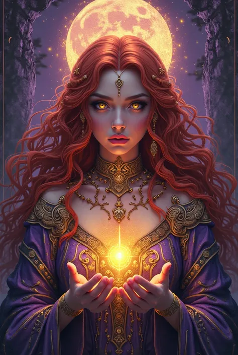 Make a logo with the images of tarot cards in purple and gold colors and a red-haired witch like the sun behind, digital art