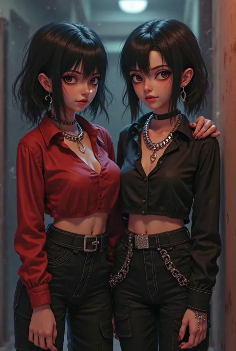 Twin girls with sharp cheekbones and facial features, of a rude character with a cold look , 3d model of manhwa,  black hair up to the shoulders and the other to the waist. One is wearing a red shirt and the other is wearing a black shirt that is unbuttone...